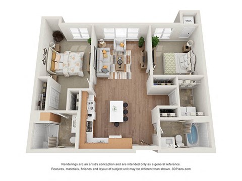 Floor plan for 2 beds, 2 baths, 1053 sqft